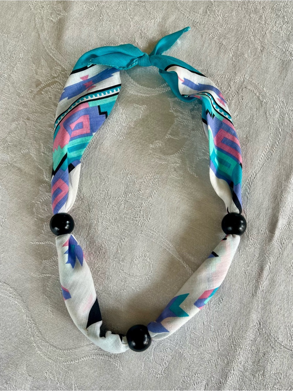 Vintage 80s Beaded Bandana Necklace with Pastel Aztec Southwestern Print